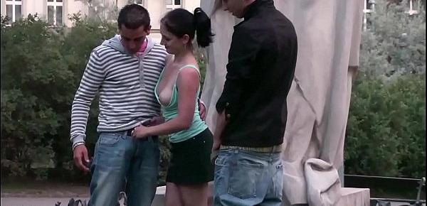  Daring public sex threesome in the middle of a city with a young cute teen girl